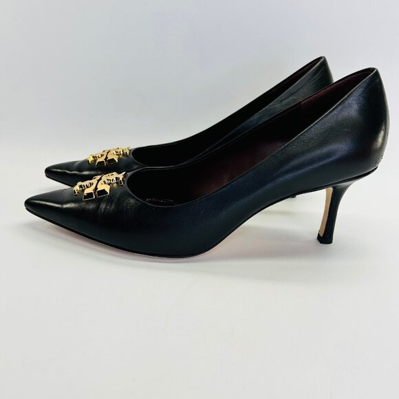 Tory Burch Eleanor Pointed Toe Leather Pump Size 8 Black Kitten Heel Classic - Picture 8 of 16